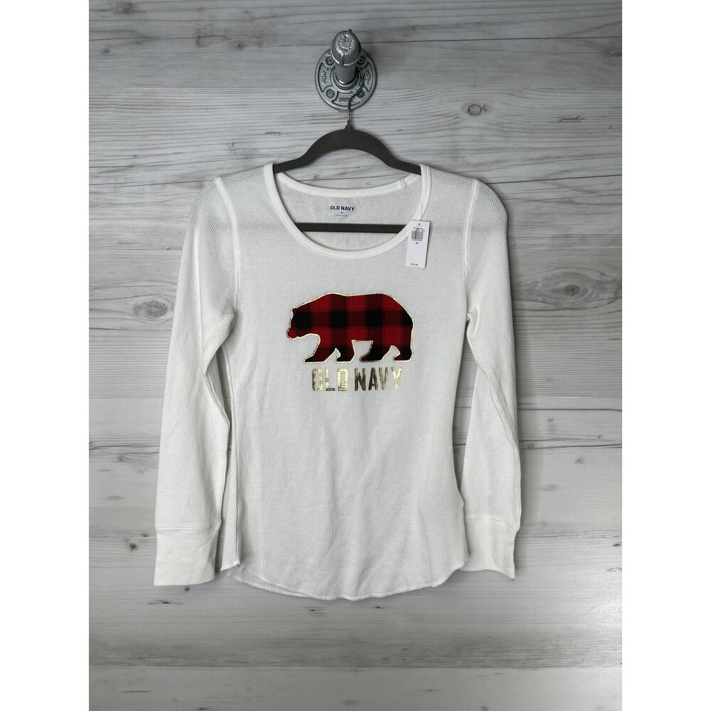 Old Navy Shirt Womens XS White Thermal Waffle Long Sleeve Buffalo Plaid Bear